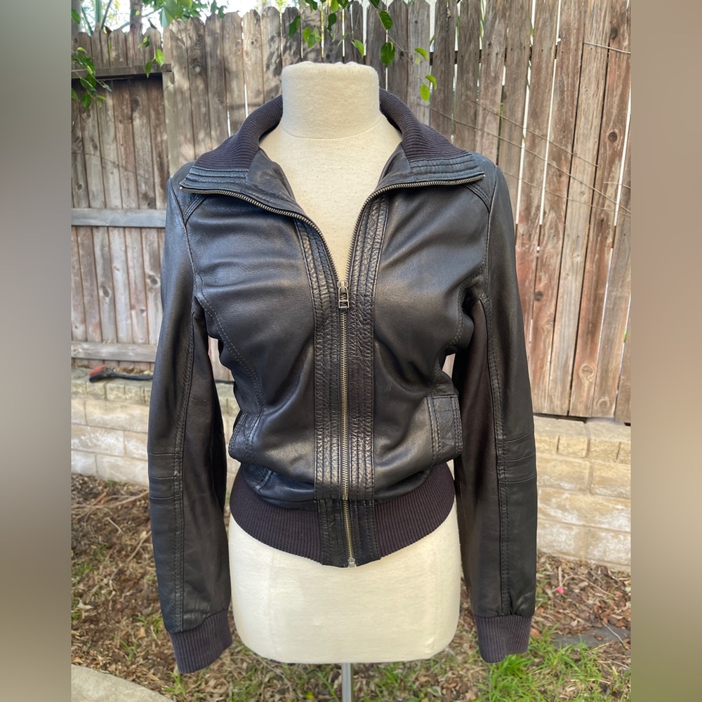 Pimkie Women's Black 100% sheep Leather bomber Jacket steampunk moto boho fall S